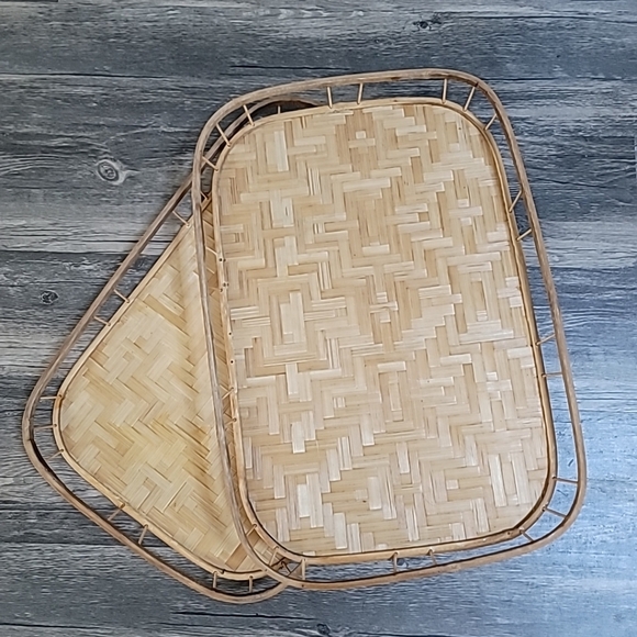 Vtg Woven Rattan Wicker Serving Trays Set (2) 19x13 Mid Century Boho - Picture 8 of 8
